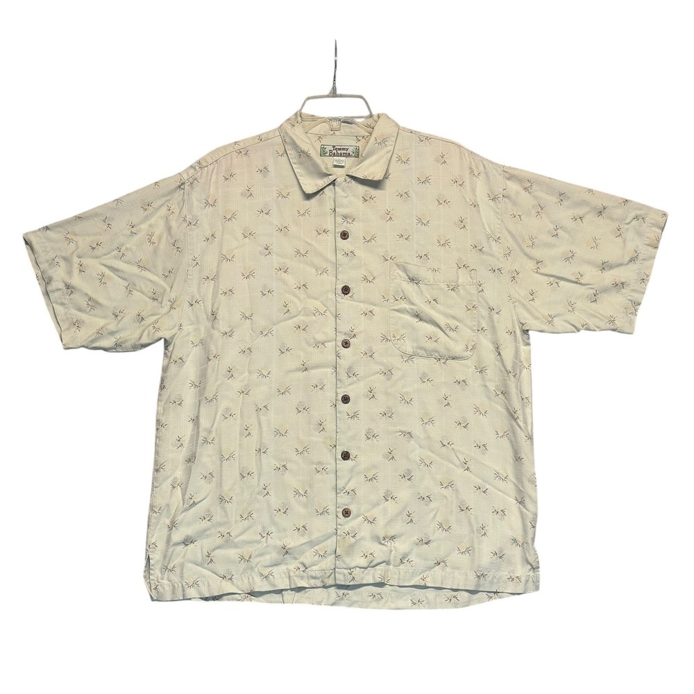 Tommy Bahama Mens Lrg Silk Button down Camp Shirt Tan Beige Hawaiian Pineapple